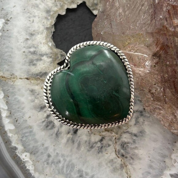 Sterling Silver Southwestern Style Malachite Heart Shape Ring Size 10 For Women - Picture 2 of 10